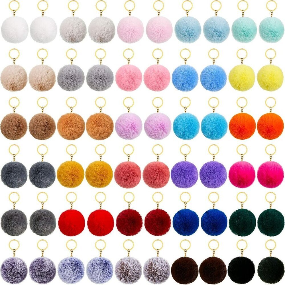 60 Pieces Colorful Poms Keychains Fluffy Ball Faux Fur Keyring for Women